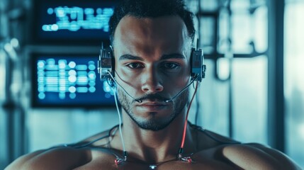 Canvas Print - A futuristic man with a serious expression wears high-tech headphones in a digital environment filled with screens. Sport technology concept.