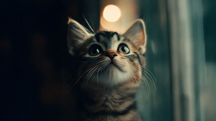 Wall Mural - A cat looking up at the window. Cat light glare dark background tabby close up. Close up of a cat with a closed tabby. Lifestyle.