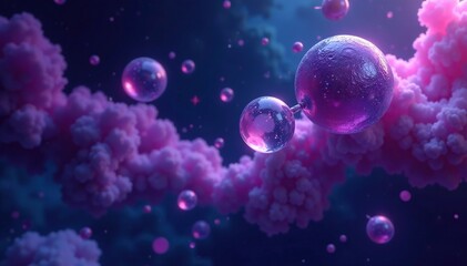 purple and blue molecules floating in an invisible gas on a dark background with halation effect, ab