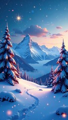 Wall Mural - Snowflakes and stars in a festive holiday scene with snow-covered mountains, winter, calm