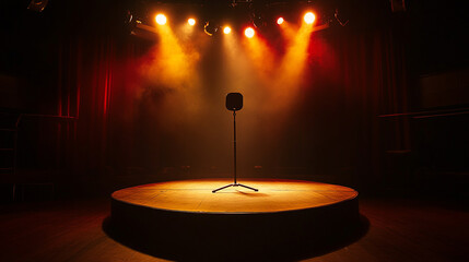 Wall Mural - Spotlight on an empty stage with a microphone ready for performance. 