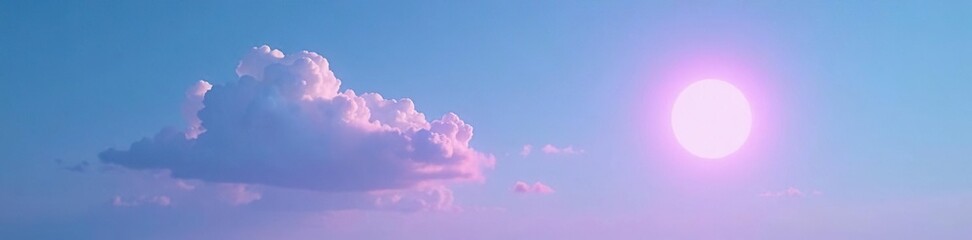 Wall Mural - a single white light purple cloud with a radiant pink illuminated circle in the clear blue sky, peac