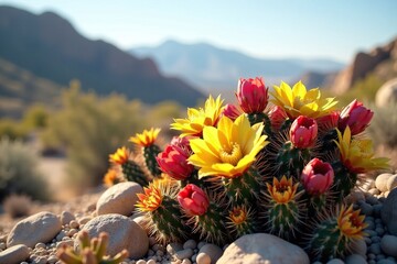 Full View of Prickly Cholla Cactus in Desert Landscape, prickly cholla cactus, globular flowers