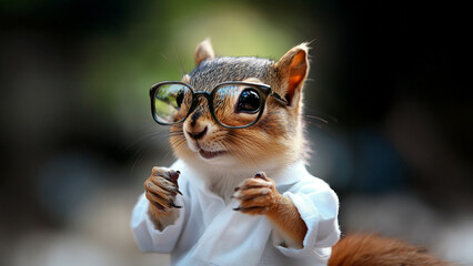 Wall Mural - A squirrel wearing glasses. Squirrel robe blurred background brown white coat glasses. A squirrel with brown coat and lifestyle glasses.