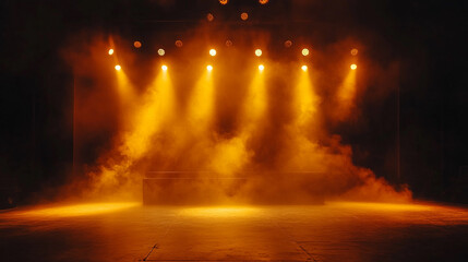 Wall Mural - Stage with bright lights and fog creating an atmospheric setup for a performance. 