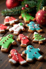 Wall Mural - Colorful gingerbread cookies on a wooden table, decorations, ornaments