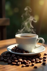 Wall Mural - Rich aromatic coffee beans scattered on a wooden table next to a steaming cup of freshly brewed coffee, morning, inviting