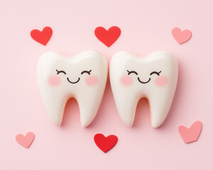 cartoon illustration of two teeth in love, kissing with red hearts floating around them. The charming design symbolizes romance and care, perfect for themes of dental health with a fun, affectionate t