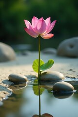 Wall Mural - A serene lotus plant grows out of the sand with smooth stones surrounding it, flora, reflection