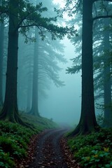 foggy forest with mist swirling around ancient trees, mysterious environment, foggy landscape, ancie