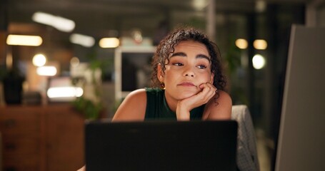 Fototapete - Business person, laptop and bored in night office for homepage design, deadline and startup website glitch. Fatigue, technology and tired girl with late overtime strain, dont know and creative block