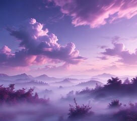 Wall Mural - Soft purple misty atmosphere with wispy clouds and pale blue sky, dreamy, ethereal, twilight