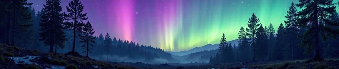 Sticker - The forest is bathed in an ethereal glow of purple and green as the aurora borealis appears above, Aurora, colors, earthy