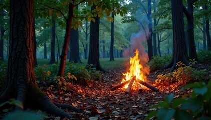 Wall Mural - Dense forest canopy with scattered leaves and branches illuminated by warm campfire light, trees, shadows, foliage