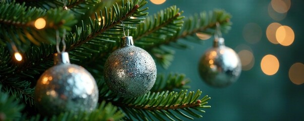 Sparkling silver ornaments on a green fir branch, decorations, sparkling, garland