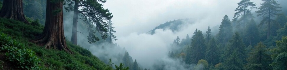 Wall Mural - Misty clouds shrouding the ancient redwood trees, mist, nature reserve, trees