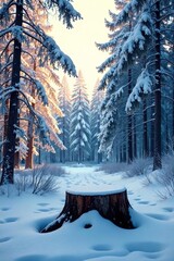 Canvas Print - Snowy forest landscape with tree stump in foreground, frosty, forest