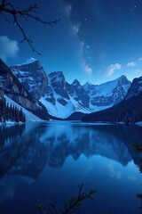 Wall Mural - Snowy mountains reflected on a serene lake at night with the stars shining brightly in the sky, calm, peaceful, winter