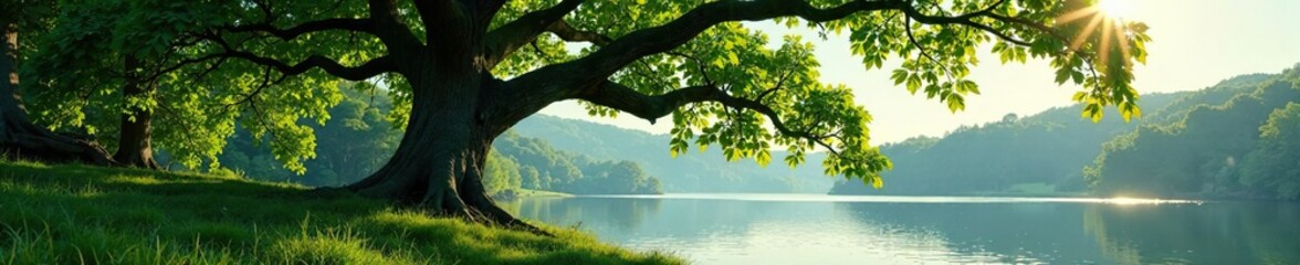 Wall Mural - Majestic oak tree with broad leaves and sprawling branches in a serene lake view, serene, greenery