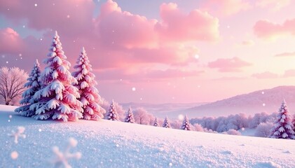 Wall Mural - Sparkly and frosted winter scene on a pastel pink canvas background with frosty trees, frosted, landscape