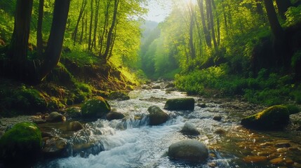 Canvas Print - spring forest nature landscape, beautiful spring stream, river rocks in mountain forest