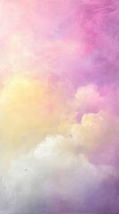 Wall Mural - A painting of a sky with clouds and a pinkish purple background. The sky is filled with clouds and the background is a mix of pink and purple. The painting has a dreamy and peaceful mood
