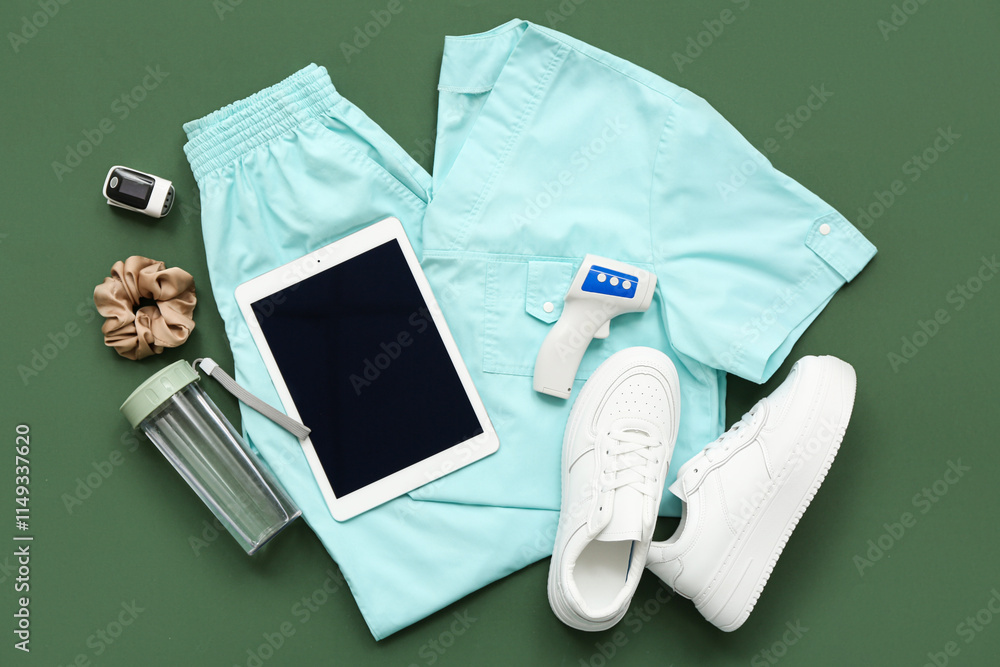 Medical student's uniform with supplies and tablet computer on green background