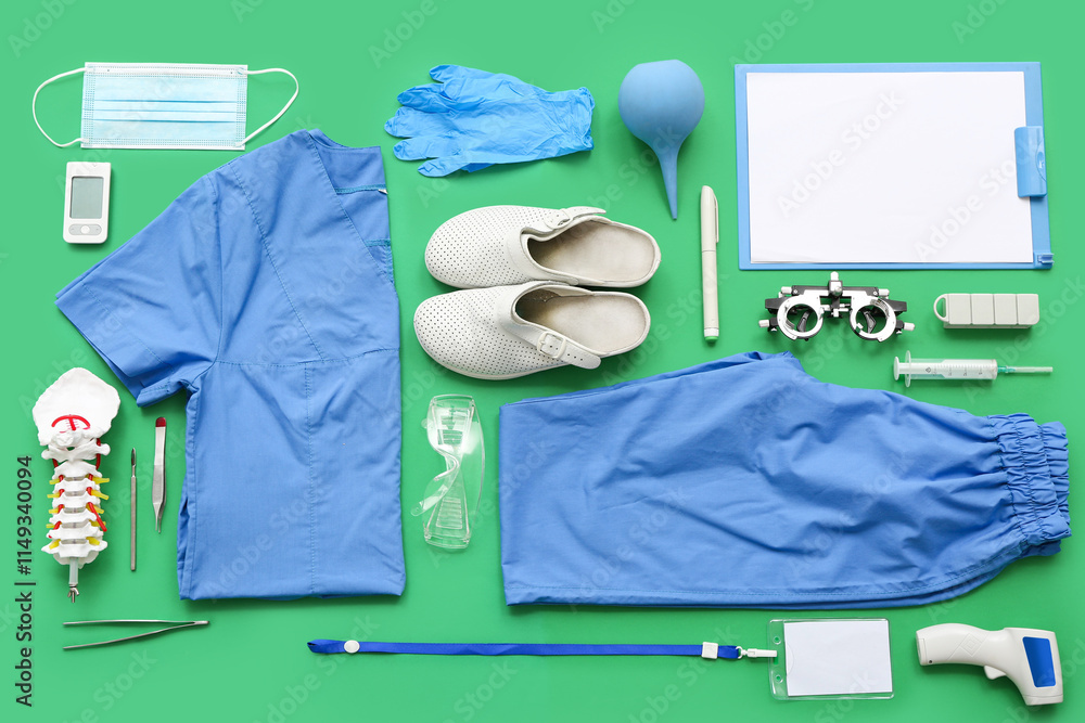 Medical supplies with uniform and optical trial frame on green background. Top view
