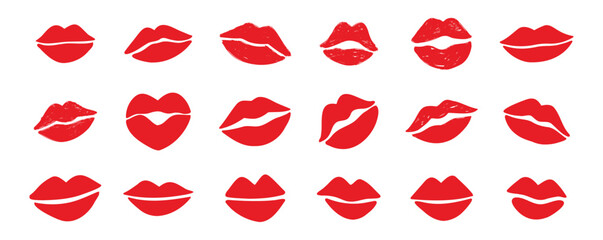 Wall Mural - lips kiss clipart. lips kiss hand drawn silhouette symbols. Decor red lips cartoon drawing elements set