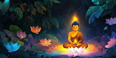 Buddha with a glowing lotus flower in the dark jungle