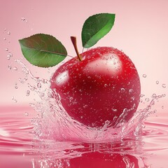 Wall Mural - Red apple splashing into pink water. (4)