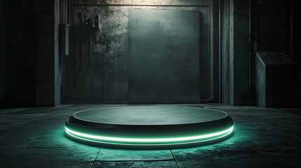 Wall Mural - Futuristic circular platform with glowing edges in a dimly lit industrial space. 