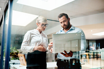 Canvas Print - People, laptop and business meeting in office for research project, teamwork and feedback for report. Pregnant manager, communication and training for handover in workplace, web ideas and support