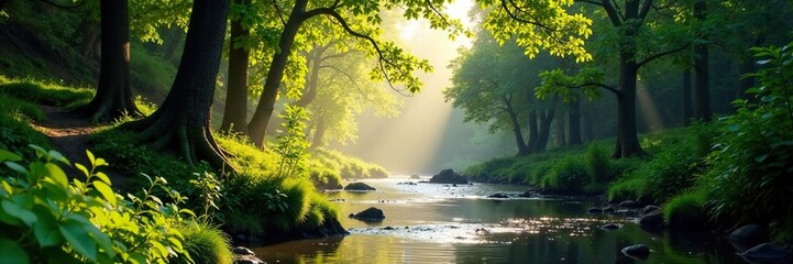 sunlit riverbed flanked by tall trees and lush undergrowth, tree, green