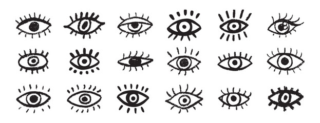 Wall Mural - Grunge eyes hand drawn doodle icon set. Open black eyes with bold line. Monochrome eye element