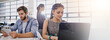 © peopleimages.com - Banner, office and business people on laptop coworking for research, web design and online project. Creative agency, company and man and woman on computer and tablet for internet, planning or website