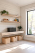 © JuanM - Modern home office with natural light and minimalist design featuring wood shelves and storage