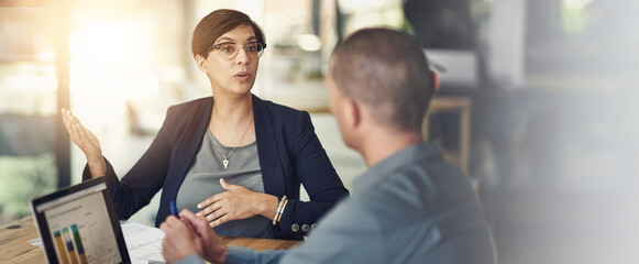 Poster - Office, business people and woman with discussion for laptop screen, financial strategy and report. Teamwork, employees and manager in meeting for accounting firm, profit growth and planning by flare