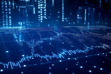Wall Mural - dynamic financial chart with fluctuating graphs and glowing elements on a blue background