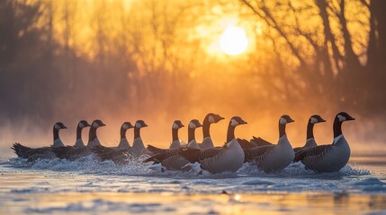 Canvas Print - Majestic Geese in Golden Sunrise: A Stunning Wildlife Scene