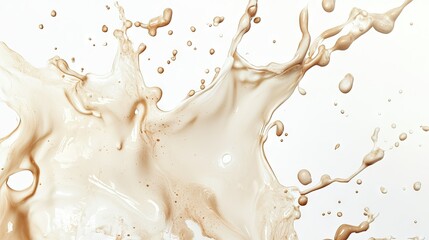 Wall Mural - a splash of chocolate milk mid-air, frozen in motion against a white background.