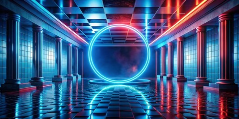 Sticker - neon stage ring, wet tiles, 3d room, abstract fashion photography