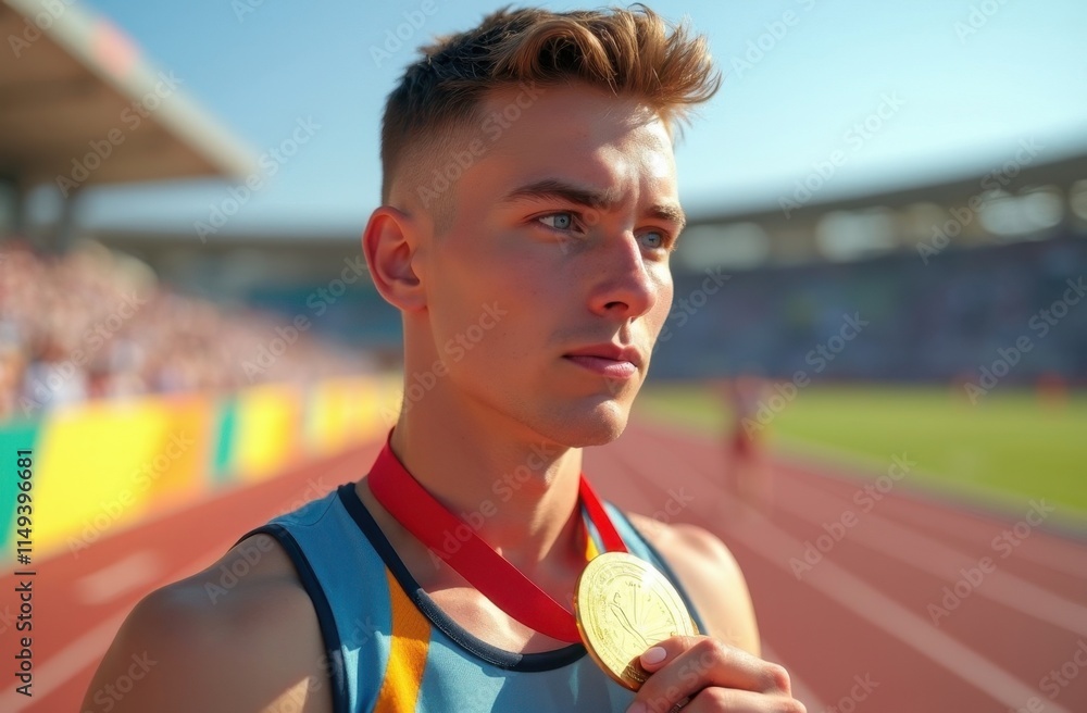 Sprinter Face portrait of a male sprinter standing victorious on the track, holding ...