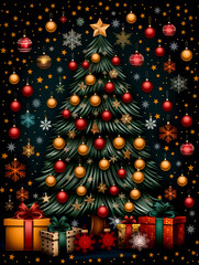 Wall Mural - a christmas tree with many ornaments and a star on top. the tree is surrounded by boxes and presents