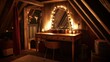 © Suphawan - A vanity table in a cozy attic space with a mirror, warm lighting, and rustic decor.