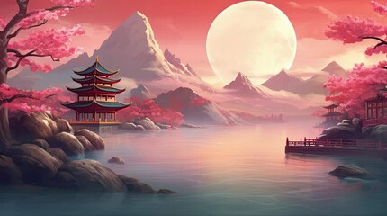 Wall Mural - A view of an ancient Chinese building, a river, rocky mountains, and a giant planet in the sky. 4k animated video