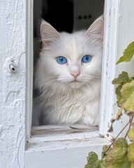 Wall Mural - White cat with blue eyes peeking through white frame.