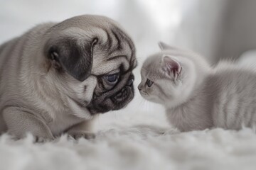 Wall Mural - Pug puppy and kitten face to face on a fluffy white surface.