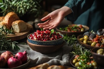 Poster - Hand reaches for bowl of pomegranate seeds, with bread, olives, and other foods.