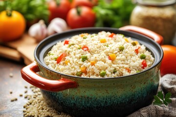 Wall Mural - Slow cook enhances rice grains. Vibrant vegetable rice in a pot surrounded by fresh ingredients.